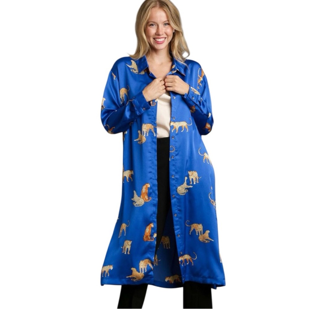 NWT Umgee Royal Blue Satin Animal-Print Long Button Duster Size 1XL